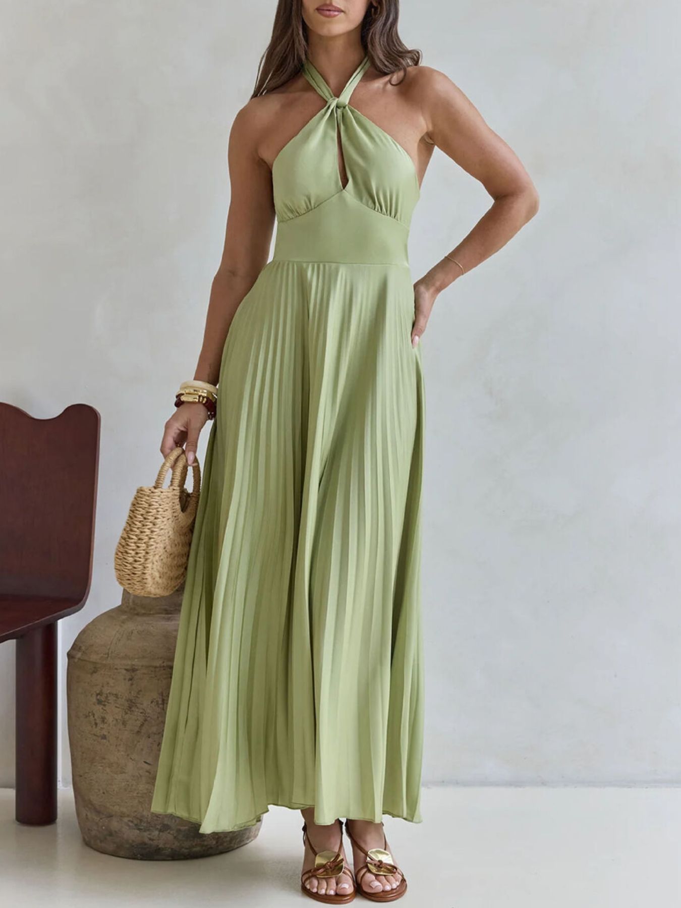 Halter Neck Pleated A-Line Dress  Shop One Place