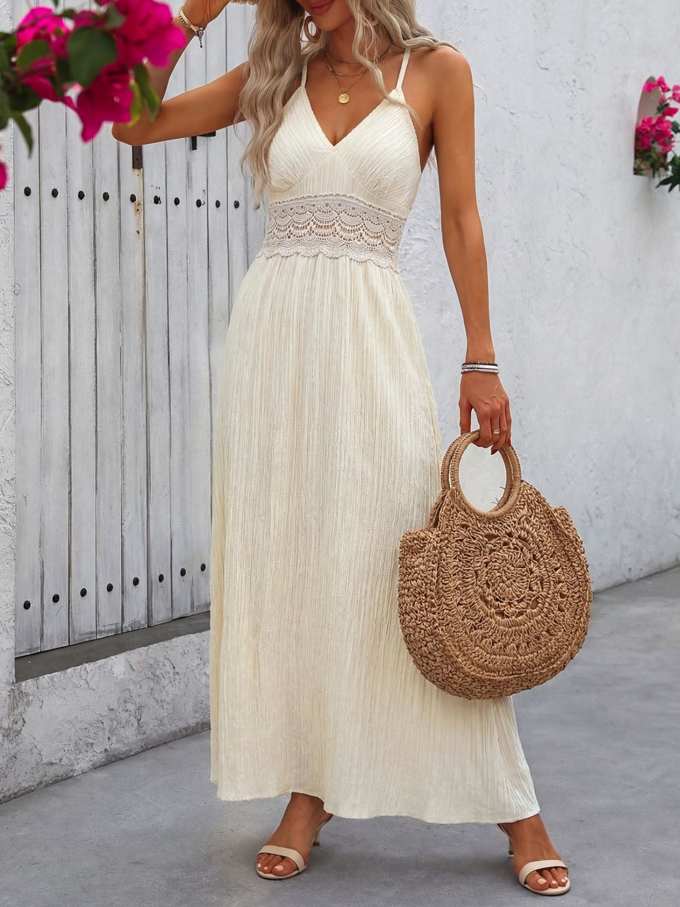 Lace Trim V-Neck Maxi Dress  Shop One Place