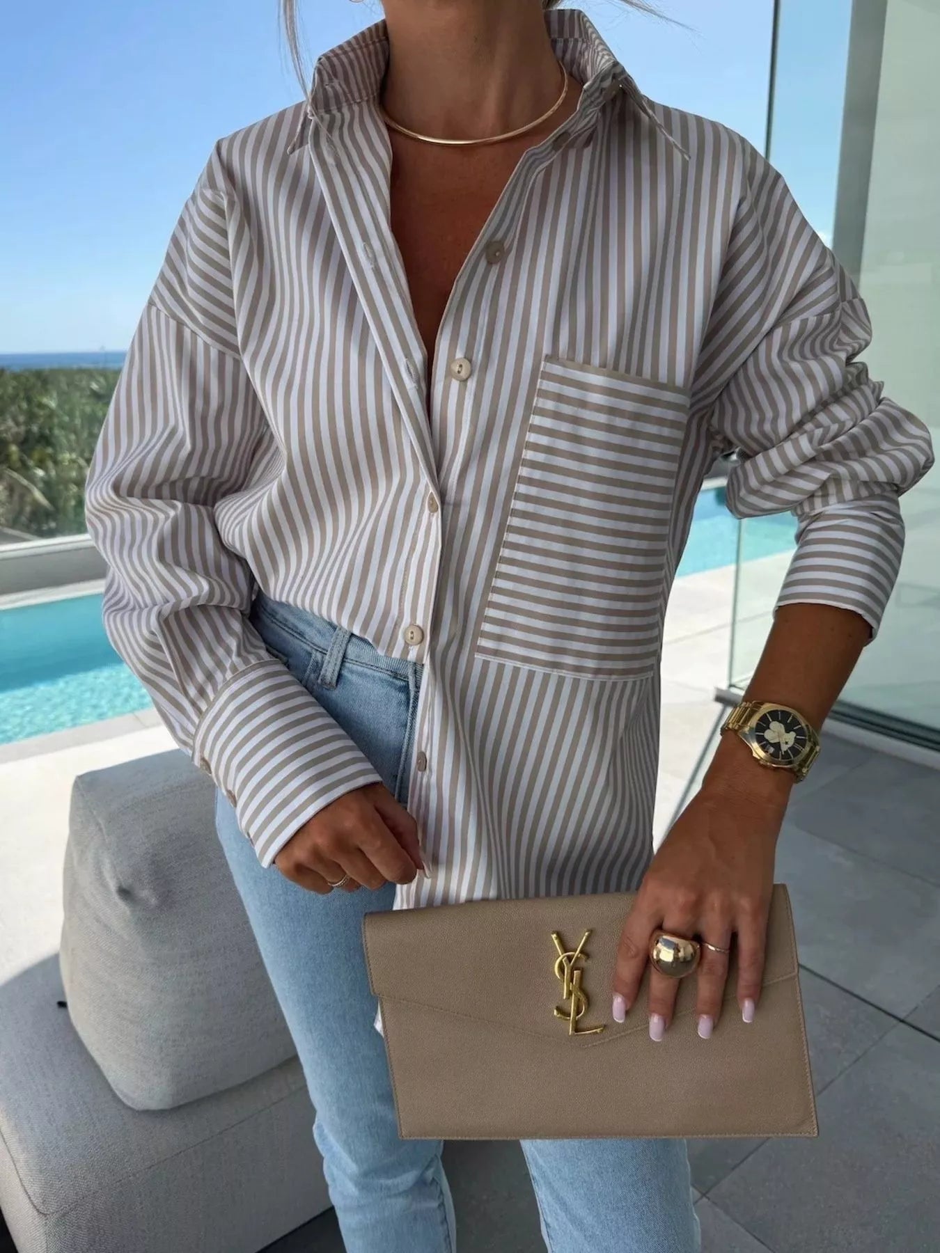 Striped Oversized Button-Down Shirt  Shop One Place