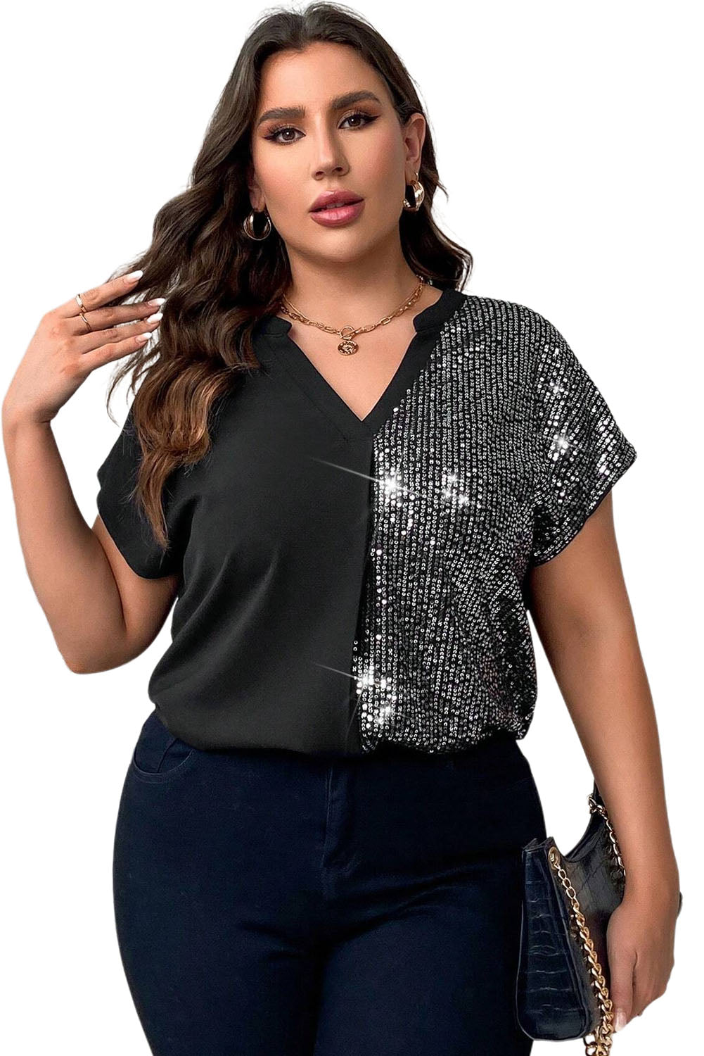 Black Plus Size Sequined V Neck Tee