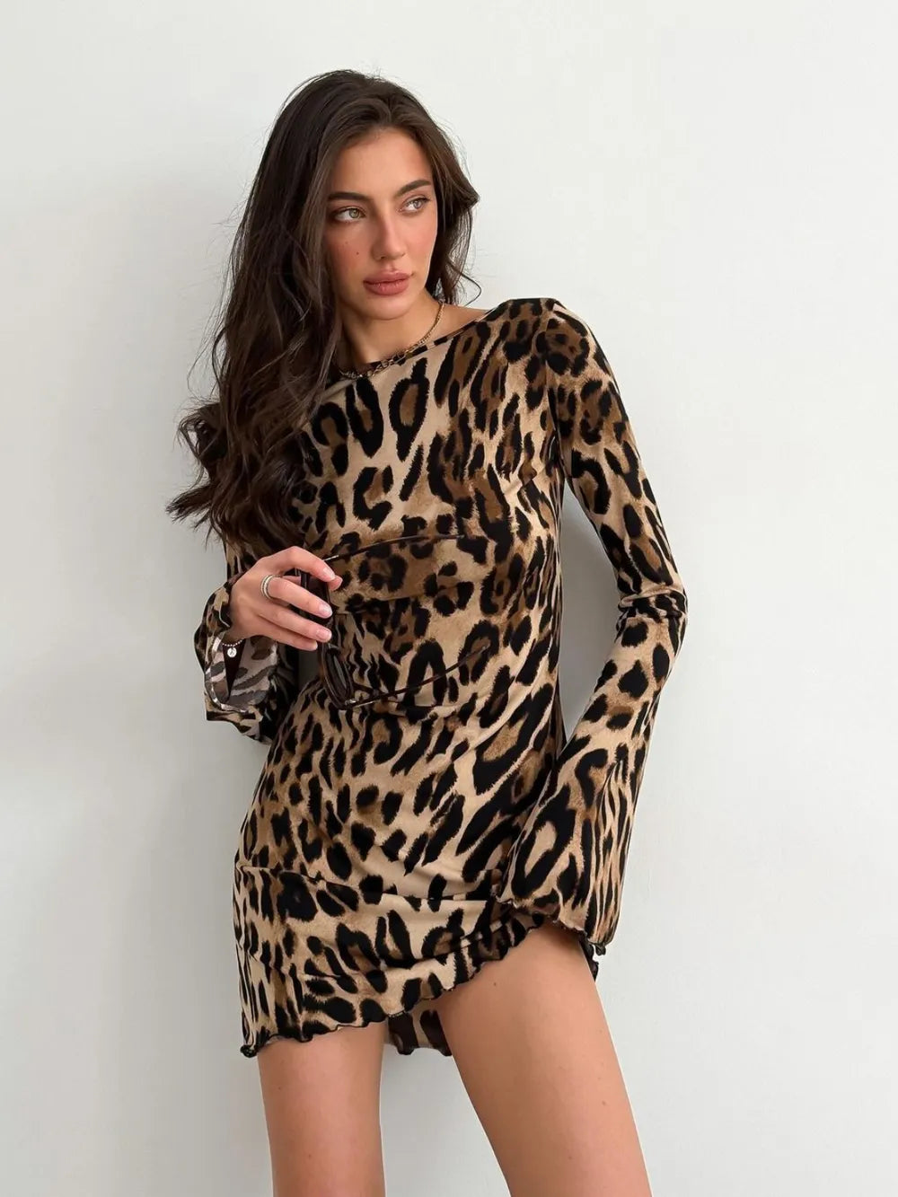 Leopard Backless Long Sleeve Mini Dress  Shop One Place