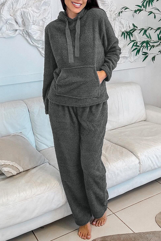 Medium Grey Fuzzy Drawstring Hoodie Lounge Pants 2pcs Set  Shop One Place