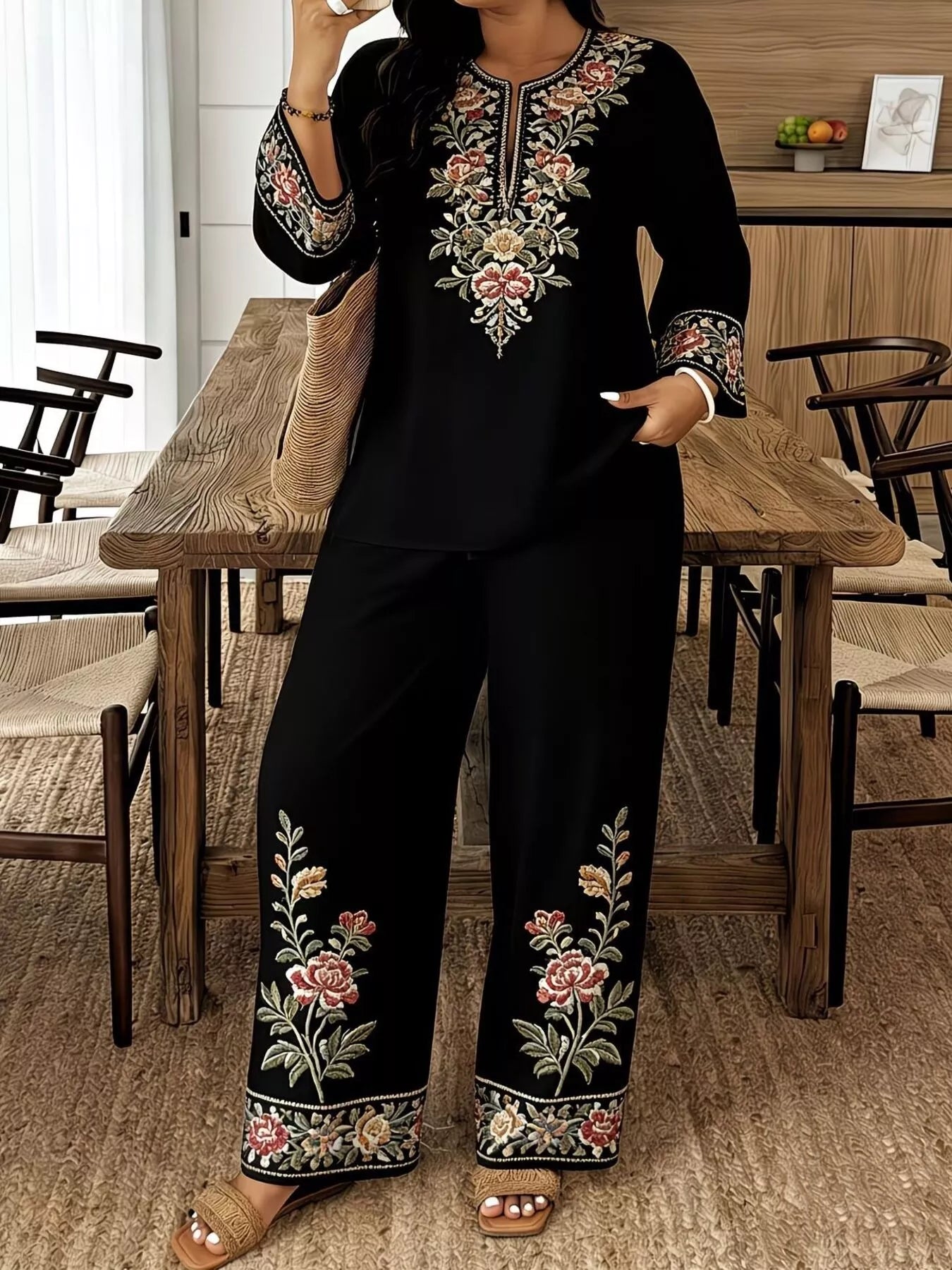 Full Size Embroidered Long Sleeve Top and Pants Set Plus Size  Shop One Place