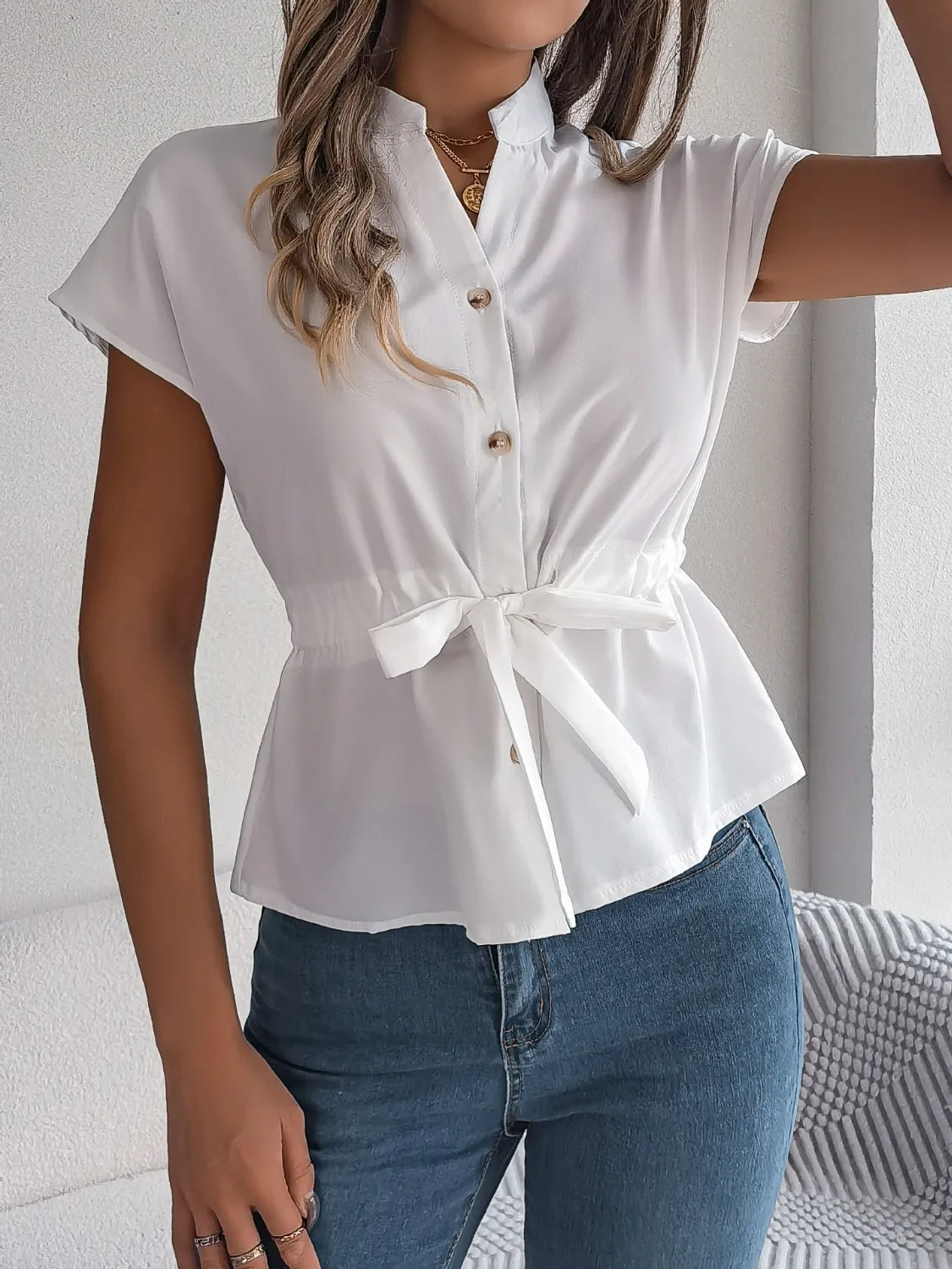Notched Short Sleeve Blouse  Shop One Place