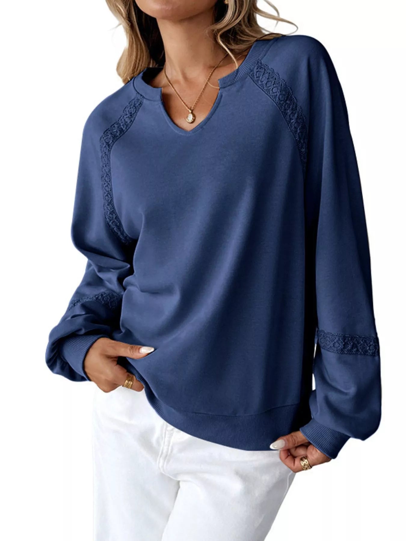 Notched Raglan Sleeve Sweatshirt  Shop One Place