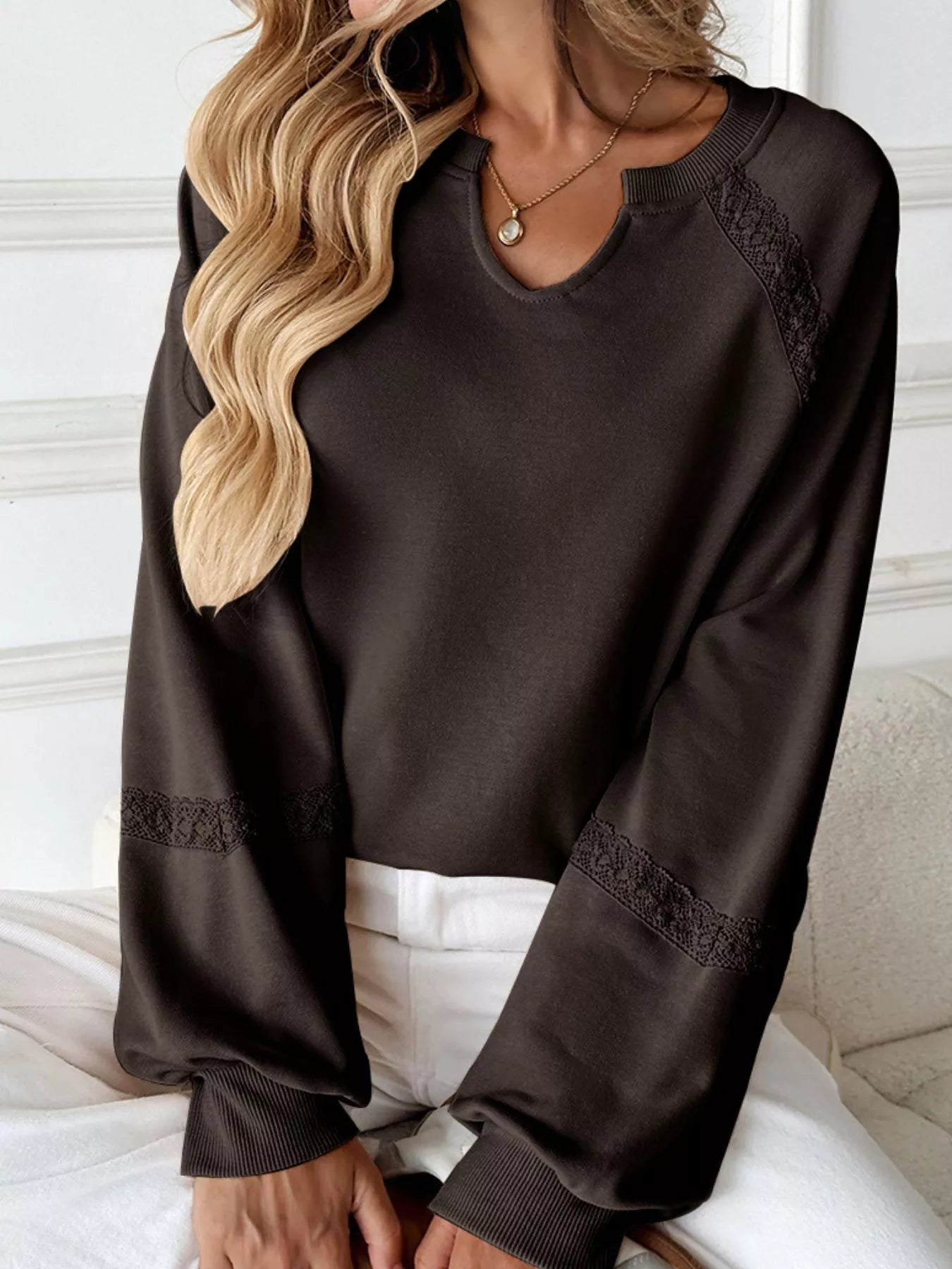Notched Raglan Sleeve Sweatshirt  Shop One Place