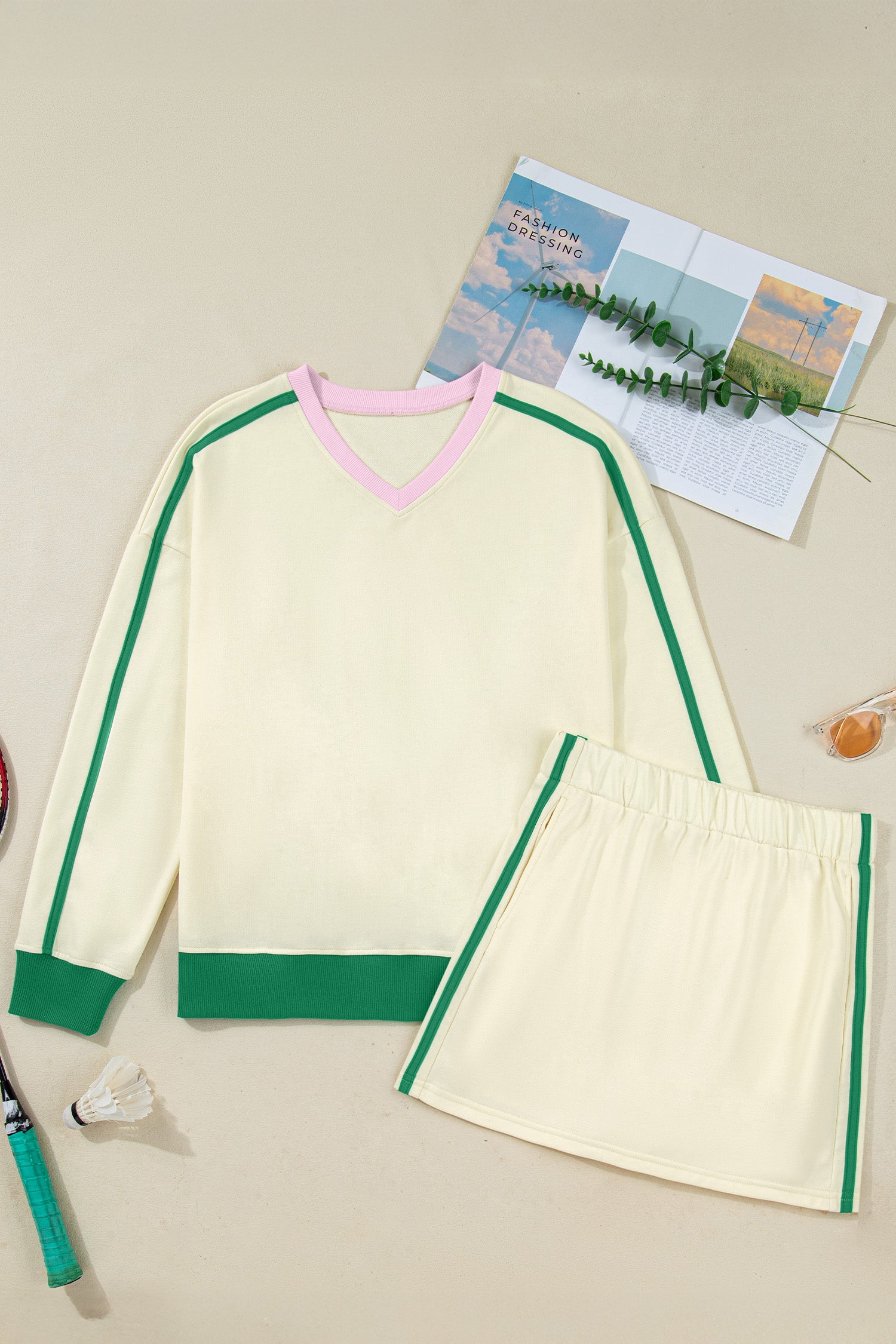 Sky Blue Ribbed Colorblock Trim V Neck Sporty Pullover Mini Skort 2pcs Athleisure Set  Shop One Place