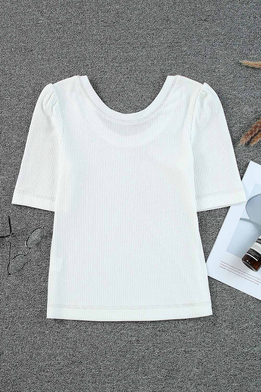 White Ribbed Knit Scoop Neck Half Sleeve Basic T Shirt