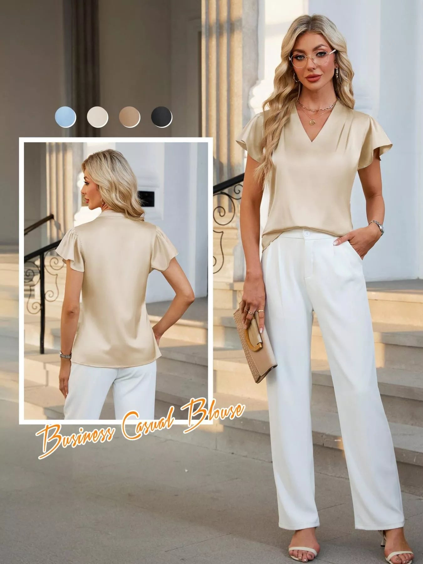 Satin V-Neck Flutter Sleeve Blouse  Shop One Place