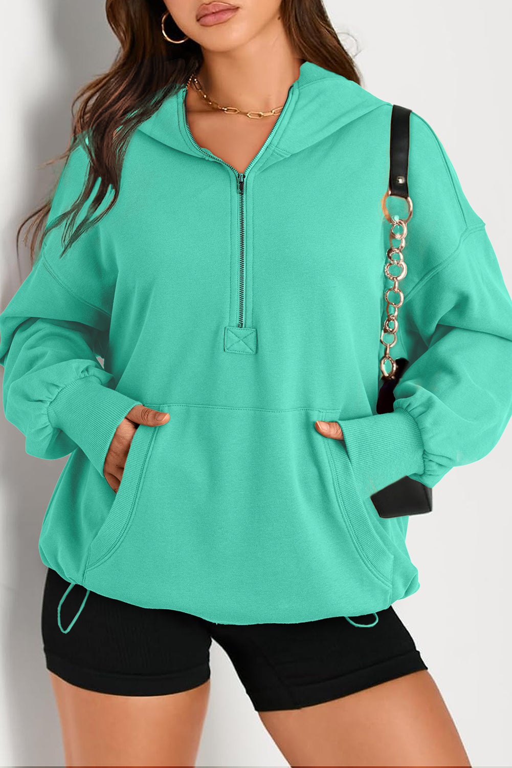 Moss Green Kangaroo Pocket Half Zipper Oversized Hoodie