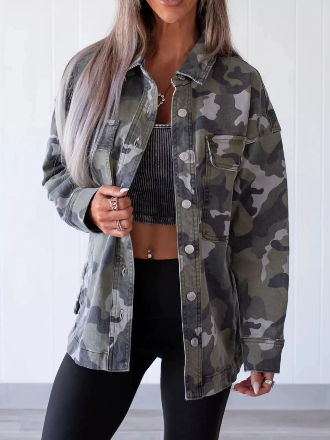 Camouflage Print Button Up Denim Jacket  Shop One Place