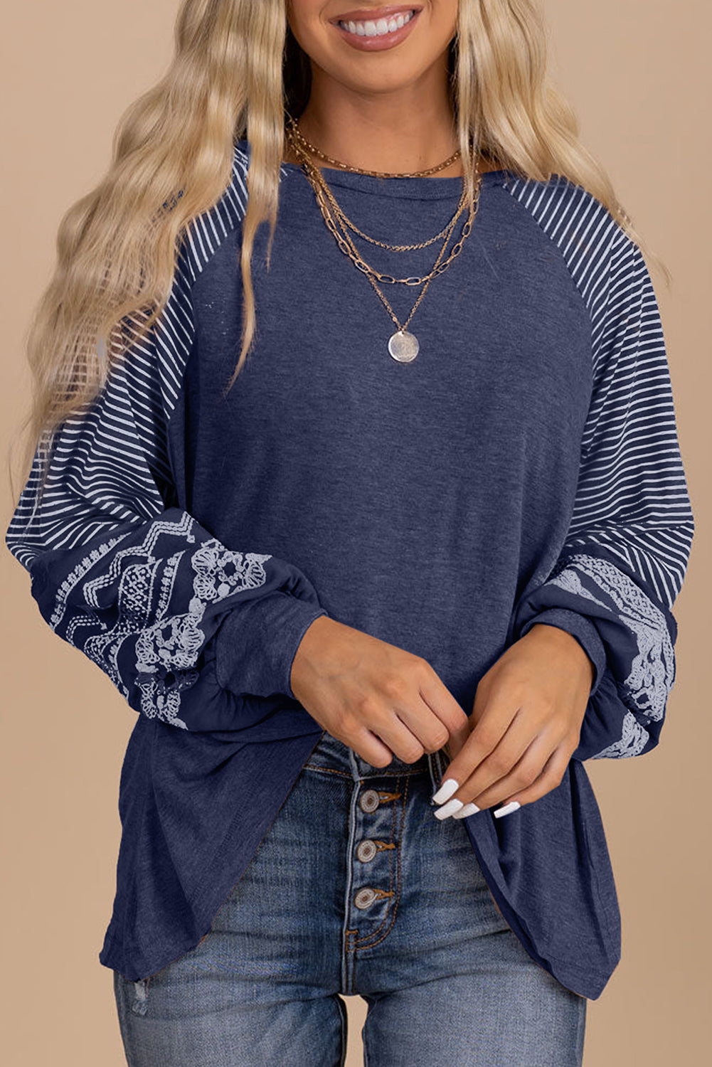 Contrast Print Striped Raglan Long Sleeve Loose Top  Shop One Place