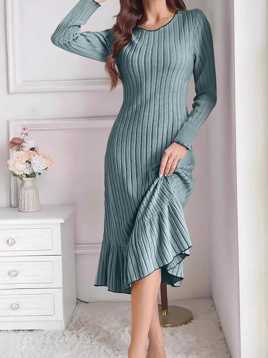 Women's Ribbed Knit Ruffle Hem Bodycon Dress