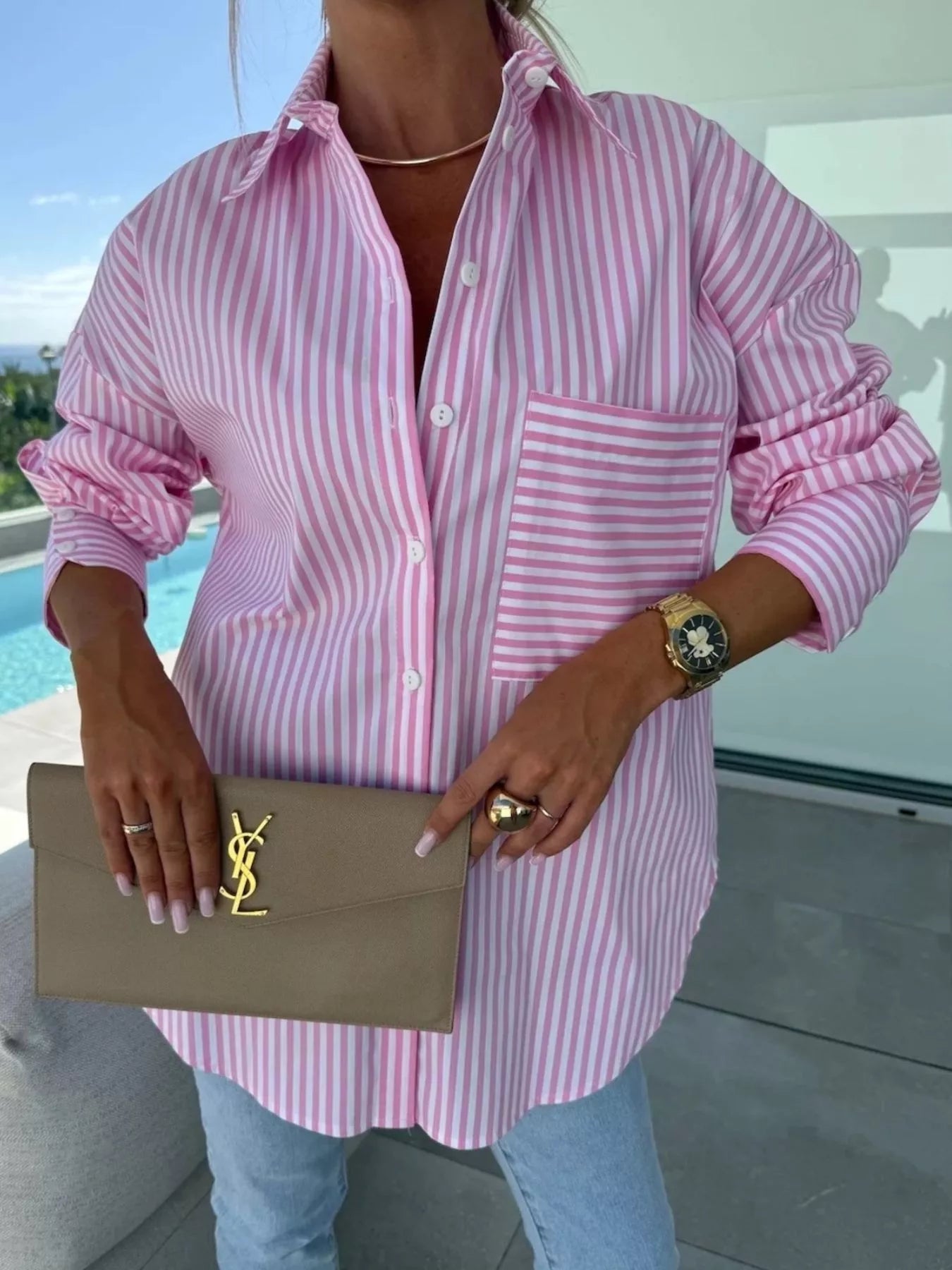 Striped Oversized Button-Down Shirt  Shop One Place