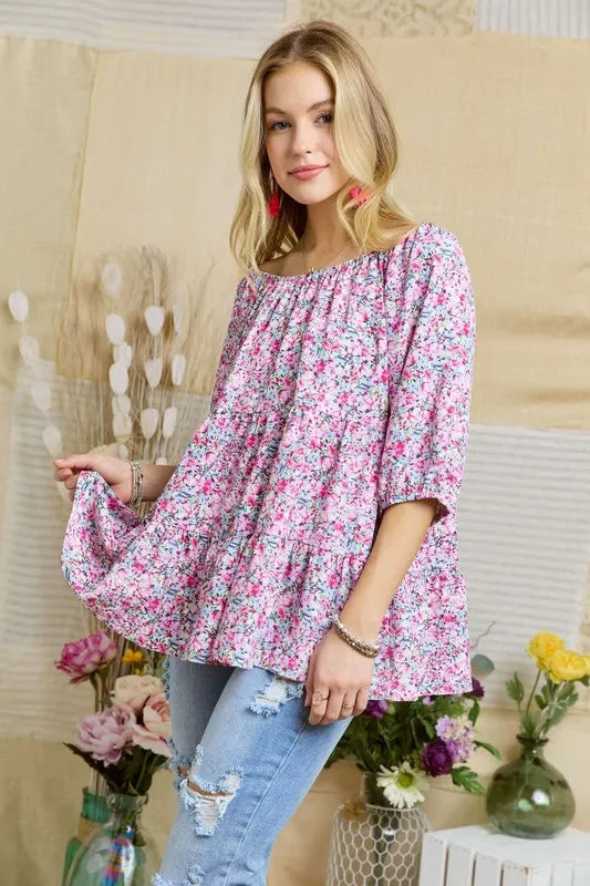 ADORA Elasticized Round Necking Floral Print Tunic Top  Shop One Place
