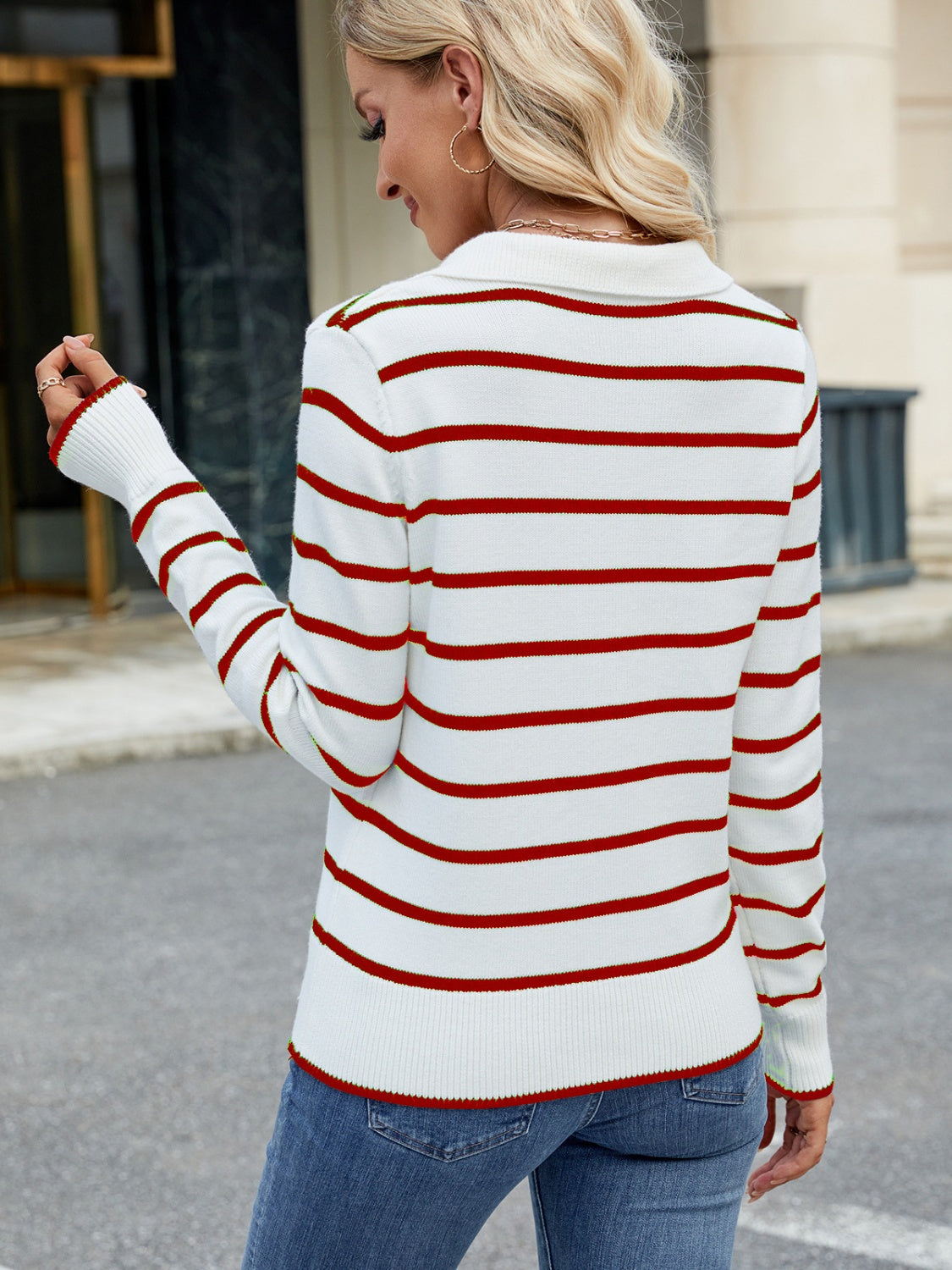 Striped Johnny Collar Long Sleeve Sweater  Shop One Place
