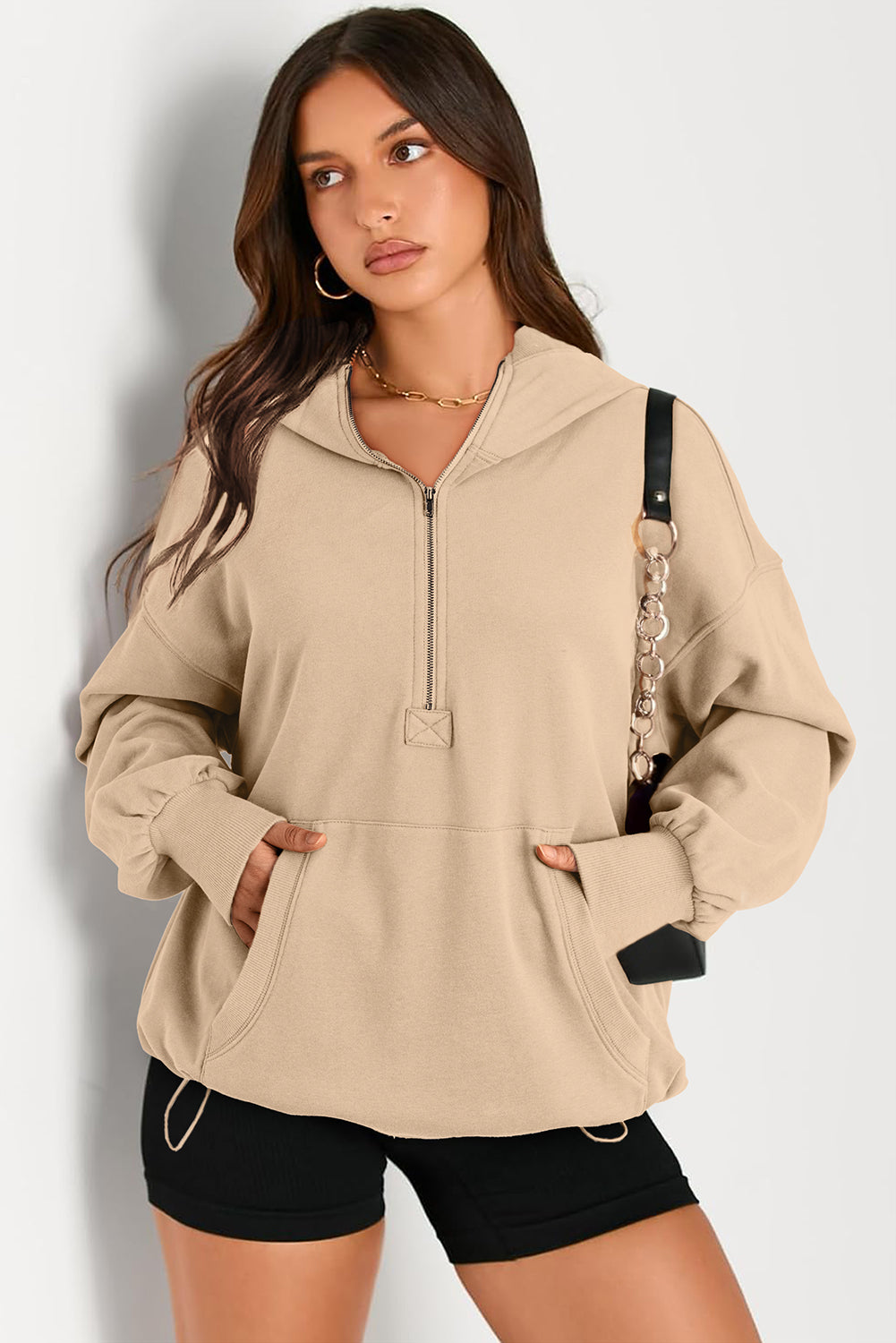 Moss Green Kangaroo Pocket Half Zipper Oversized Hoodie