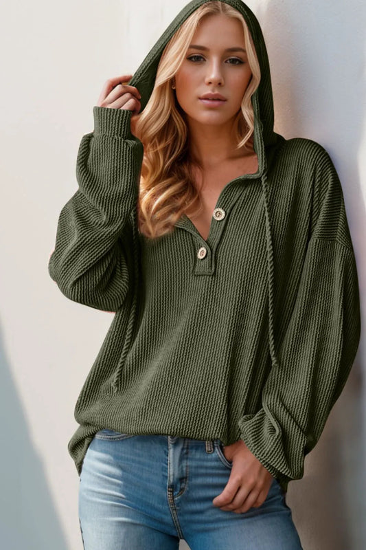 Double Take Full Size Half Button Long Sleeve Hoodie  Shop One Place