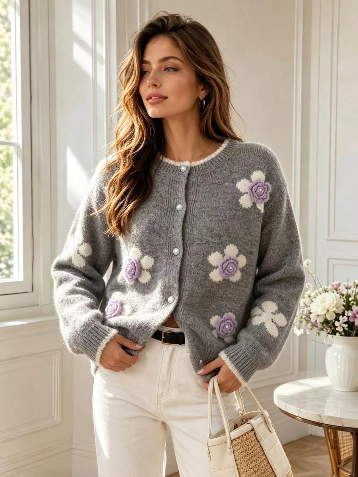 Floral Applique Button-Down Knit Cardigan  Shop One Place