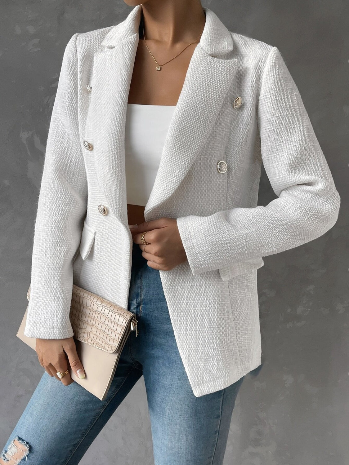 Lapel Collar Long Sleeve Blazer with Pockets