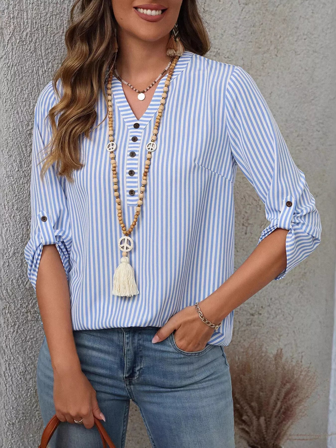 Striped V-Neck Roll-Up Sleeve Blouse  Shop One Place