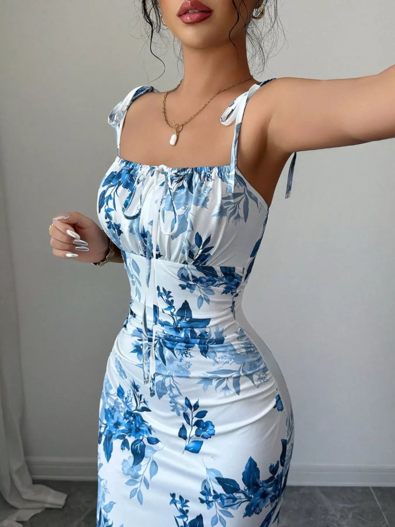 Printed Tie Strap Slit Maxi Dress  Shop One Place