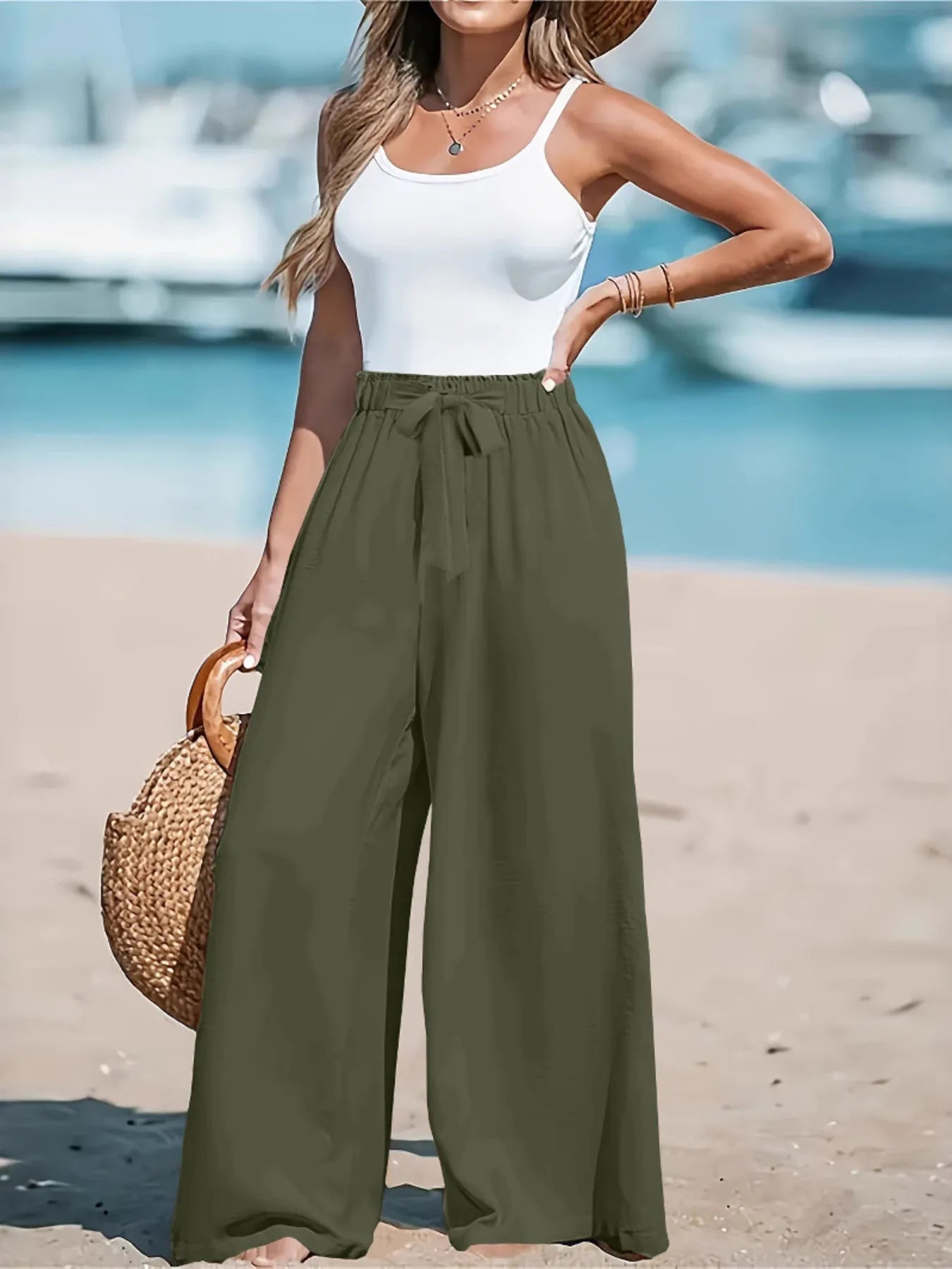 Full Size Drawstring Waist Wide Leg Pants Plus Size  Shop One Place