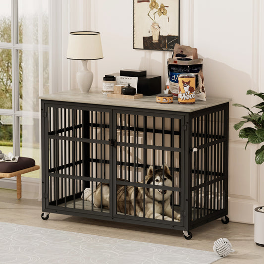 Furniture style dog crate wrought iron frame door with side openings, Grey, 43.3''W x 29.9''D x 33.5''H.  Shop One Place