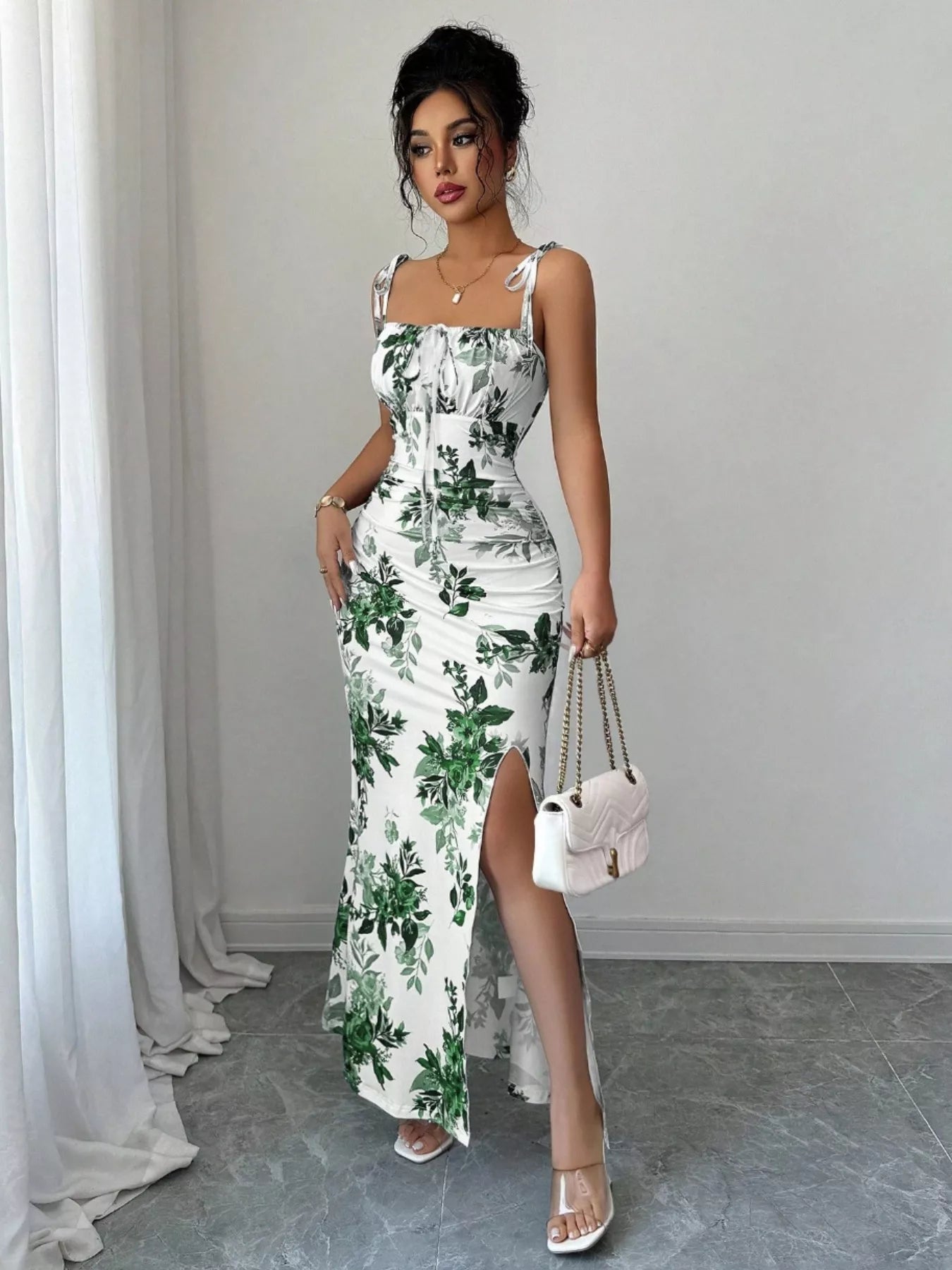 Printed Tie Strap Slit Maxi Dress  Shop One Place