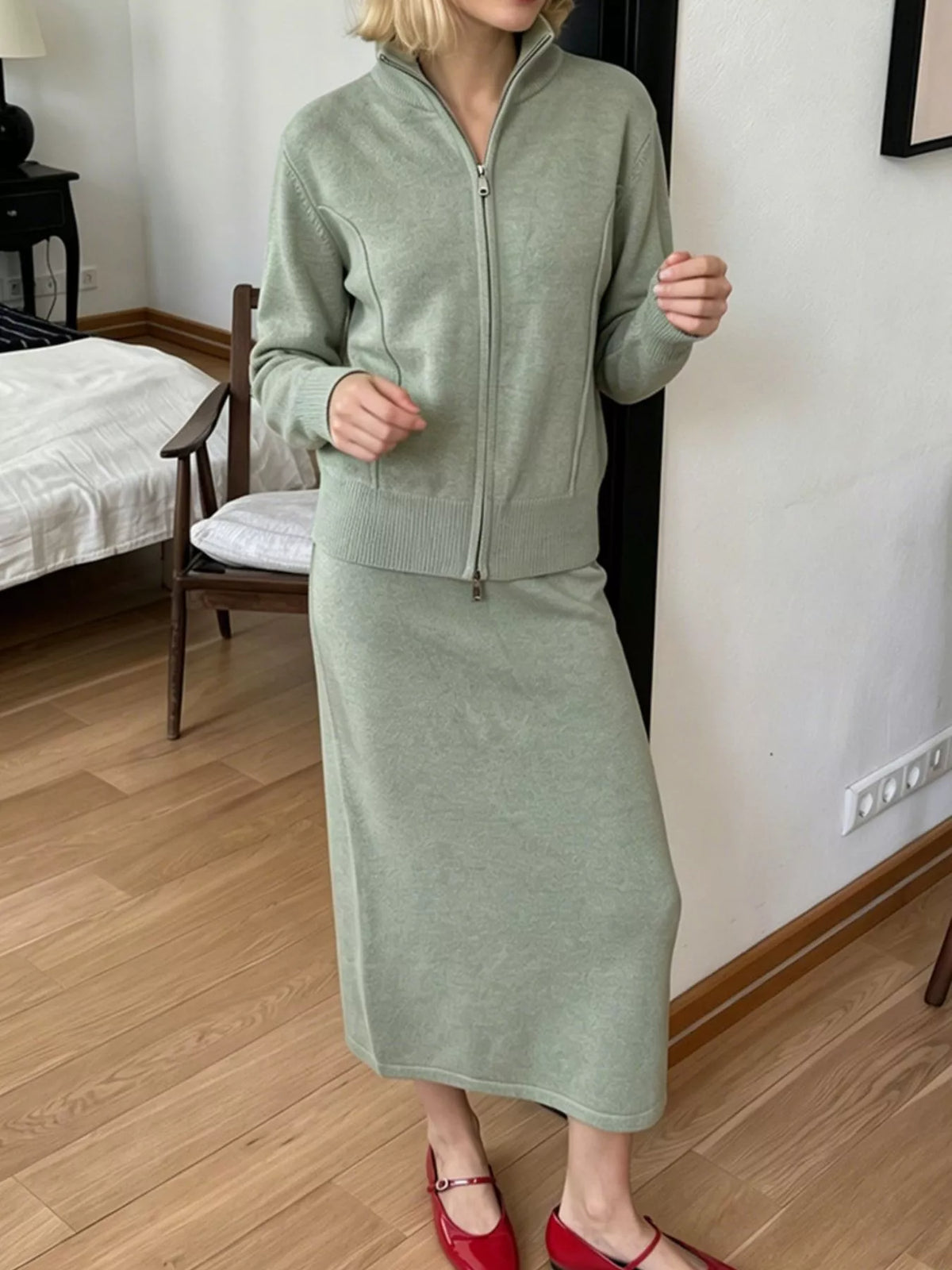 Zip-Up Mock Neck Cardigan and Matching Midi Skirt Sweater Set  Shop One Place