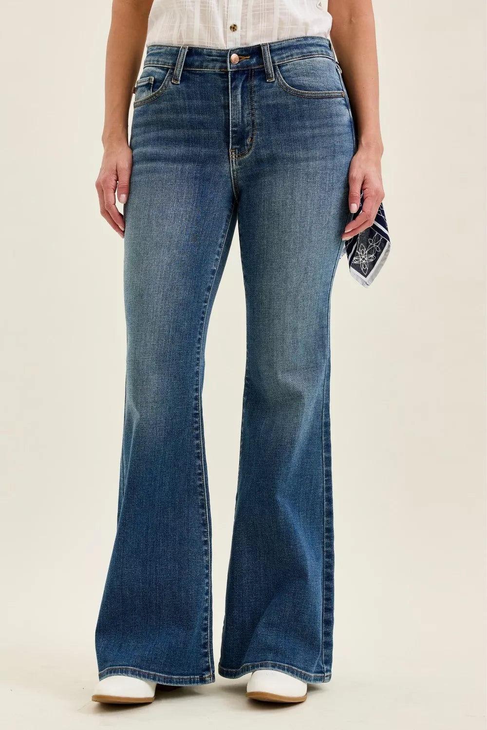 Judy Blue Mid Rise Jaqueline Flare with Triple Needle Back Pkts and Bandana Loop  Shop One Place