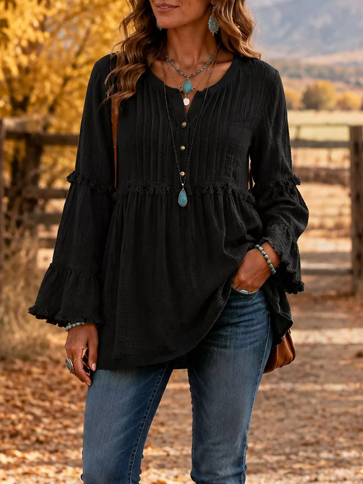 Women's Fringe Trim Ruffle Sleeve Blouse – view 3
