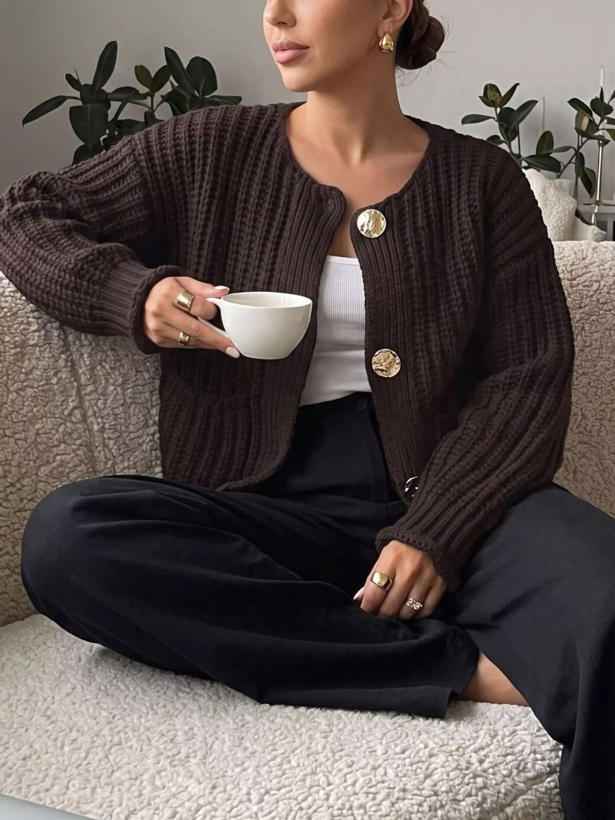 Ribbed Knit Cardigan with Gold-Tone Buttons  Shop One Place