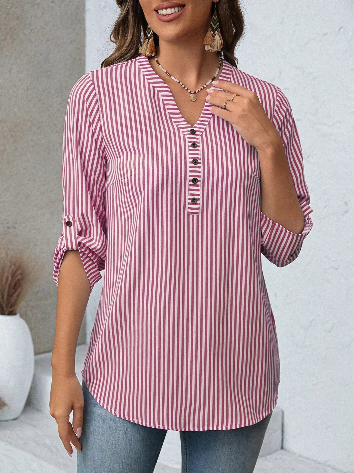 Striped V-Neck Roll-Up Sleeve Blouse  Shop One Place
