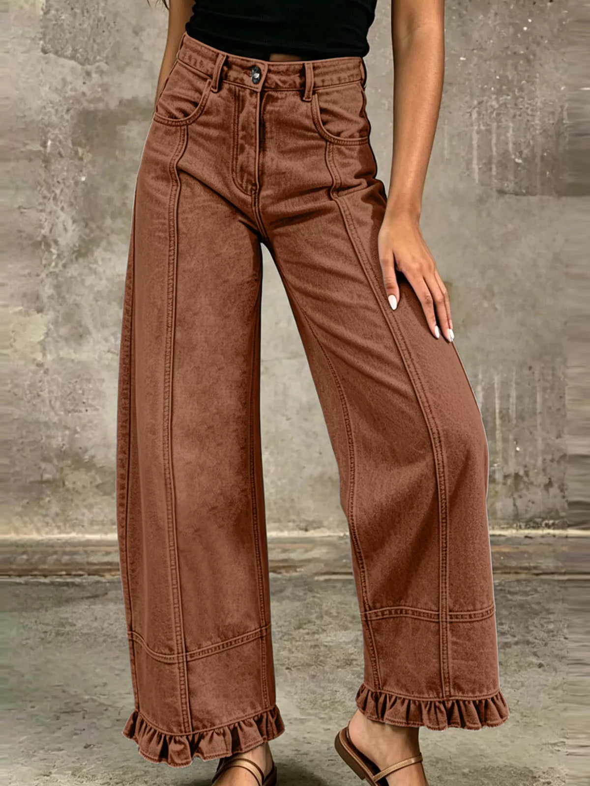 Full Size High-Waisted Wide-Leg Ruffled Hem Jeans Plus Size  Shop One Place
