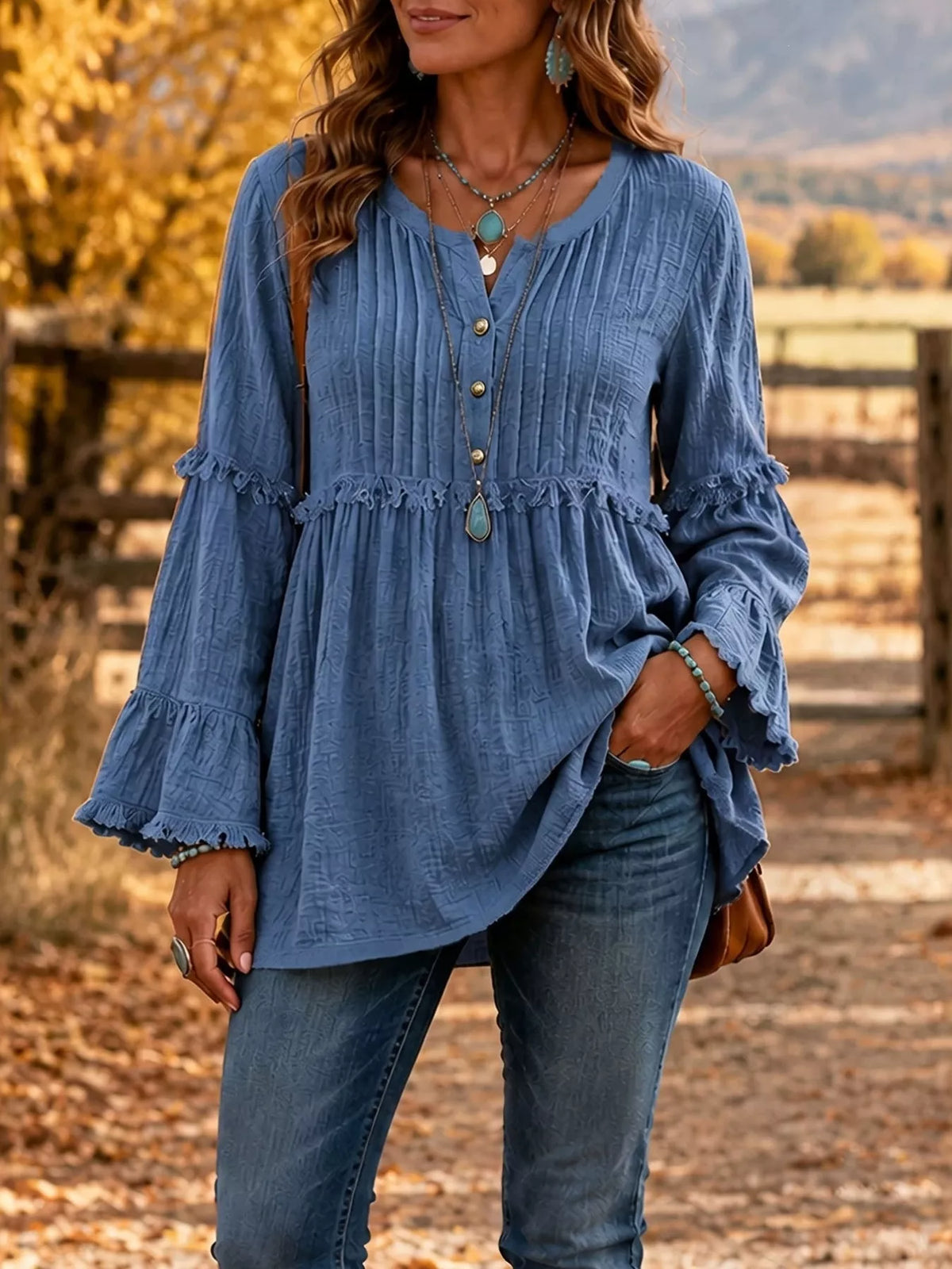 Women's Fringe Trim Ruffle Sleeve Blouse – view 4