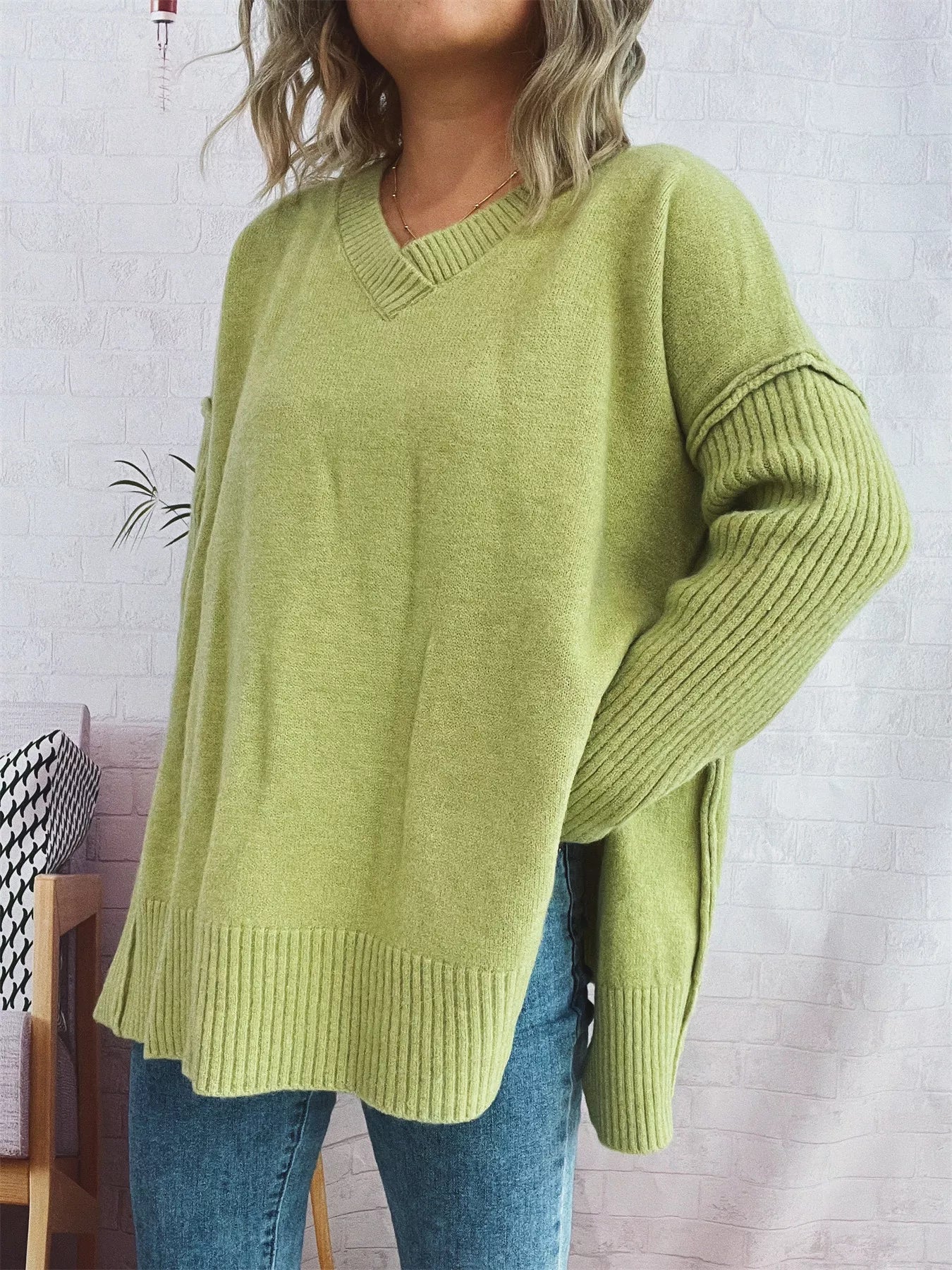 V-Neck Dropped Shoulder Sweater  Shop One Place