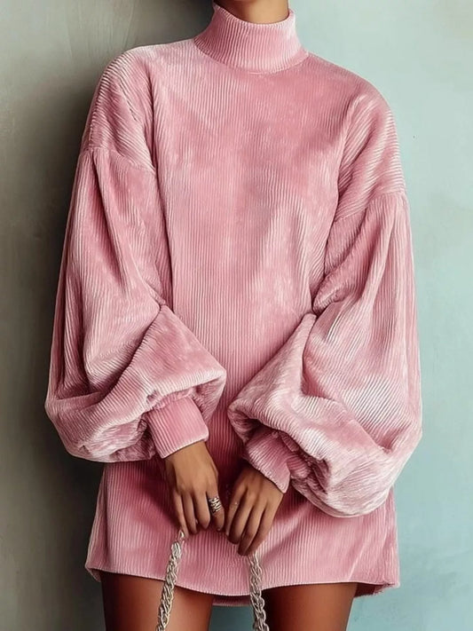 Corduroy Mock Neck Lantern Sleeve Mini Dress Plus Size in Pink, White, Black, Brown or Wine Red