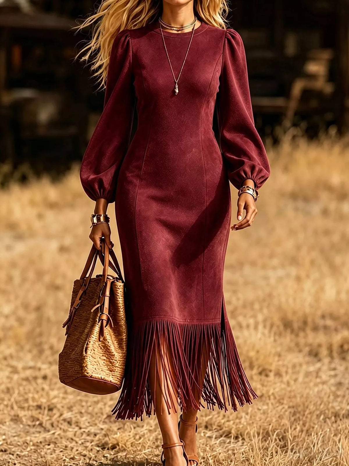 Women's Fringe Hem Balloon Sleeve Midi Dress – view 4