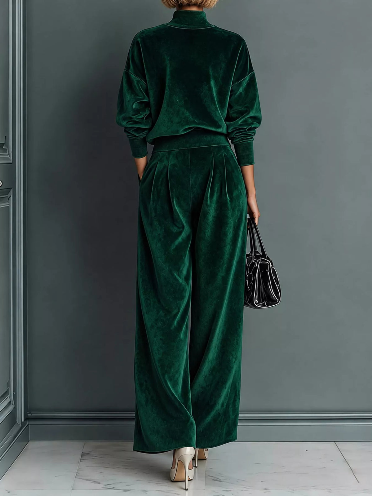 Women's Velvet Mock Neck Top & Wide-Leg Pants Set – view 14
