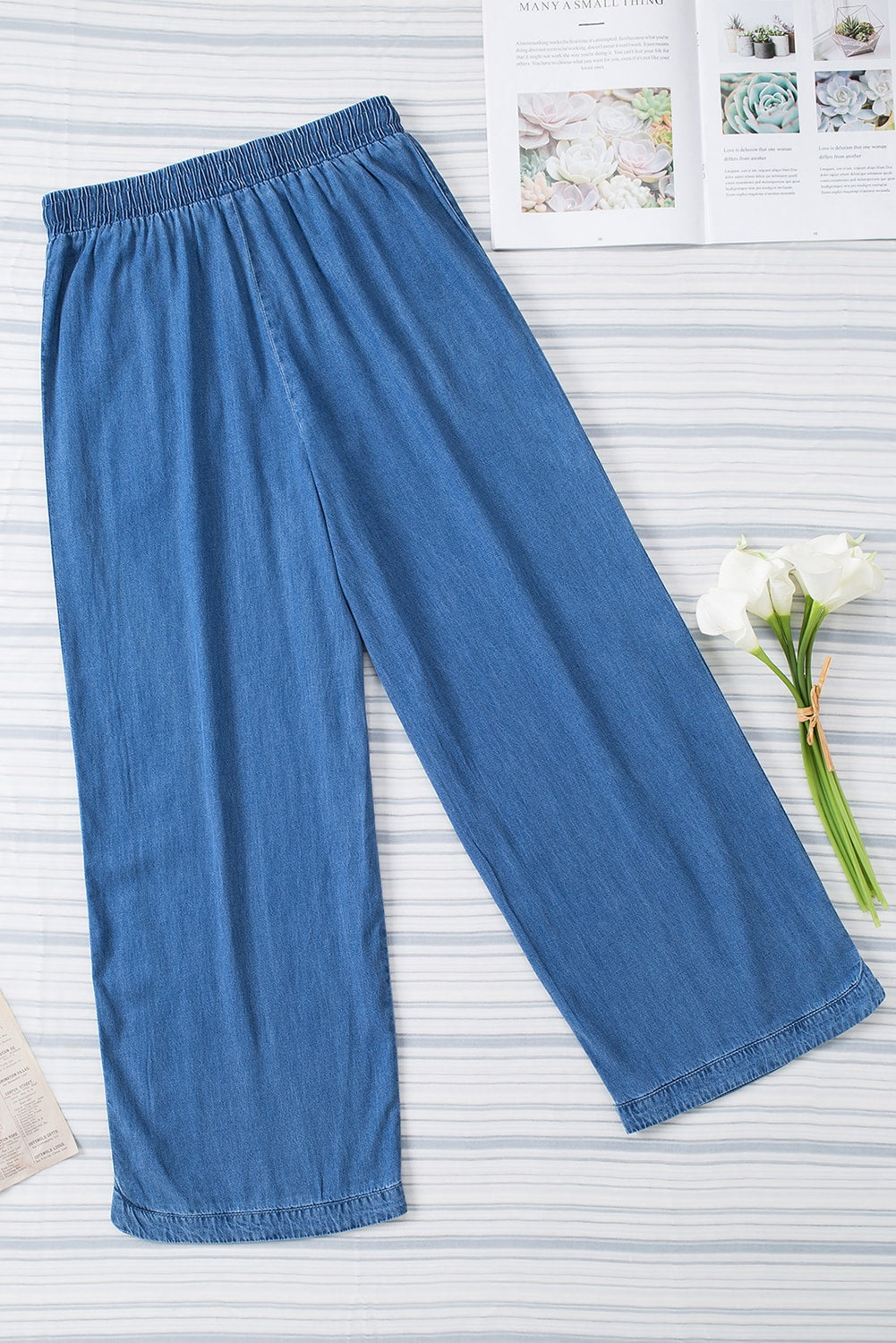 Sky Blue Drawstring Waist Loose Wide Leg Pants