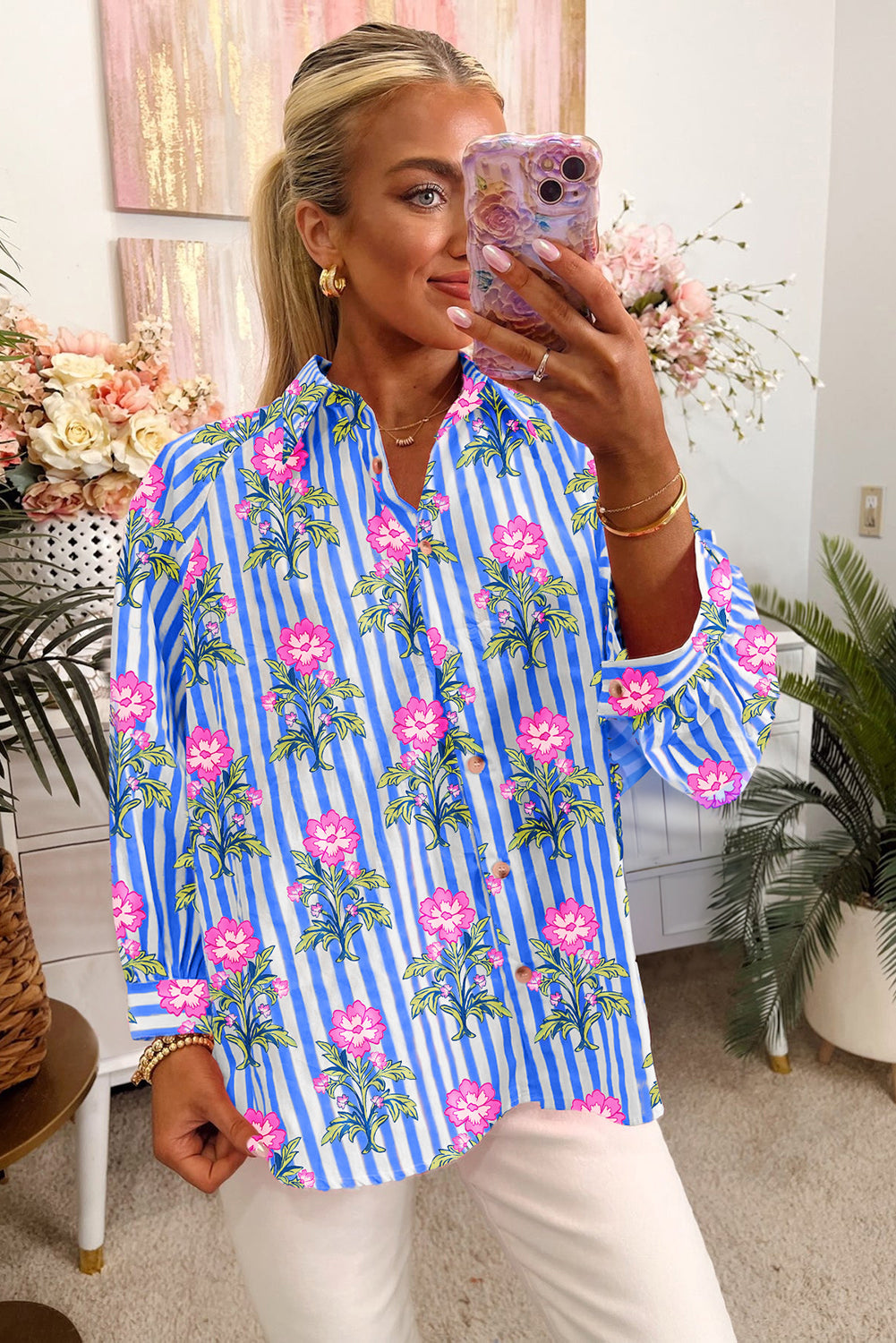 Blue Striped Floral Print Loose Fit Shirt  Shop One Place