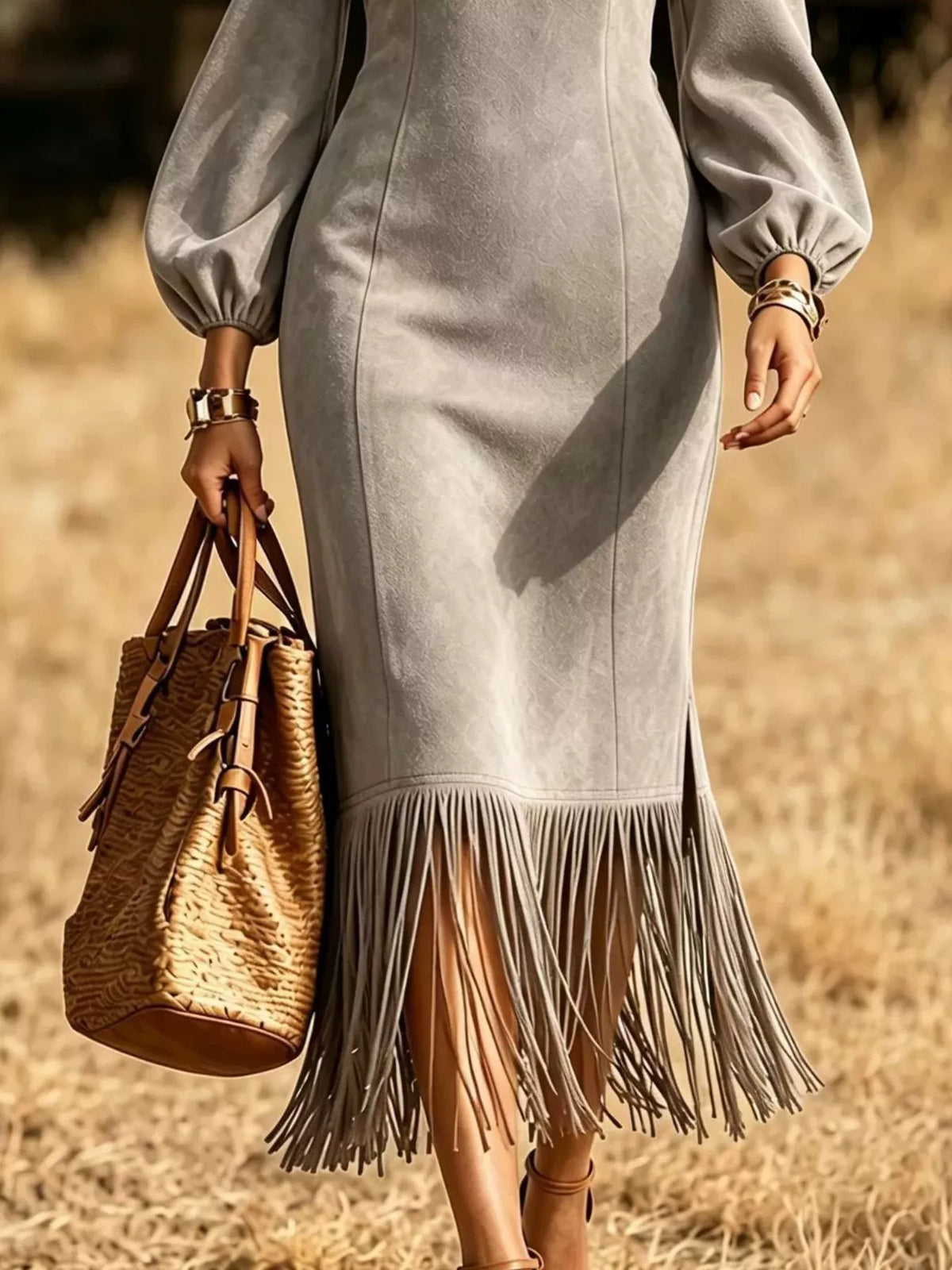 Women's Fringe Hem Balloon Sleeve Midi Dress – view 7