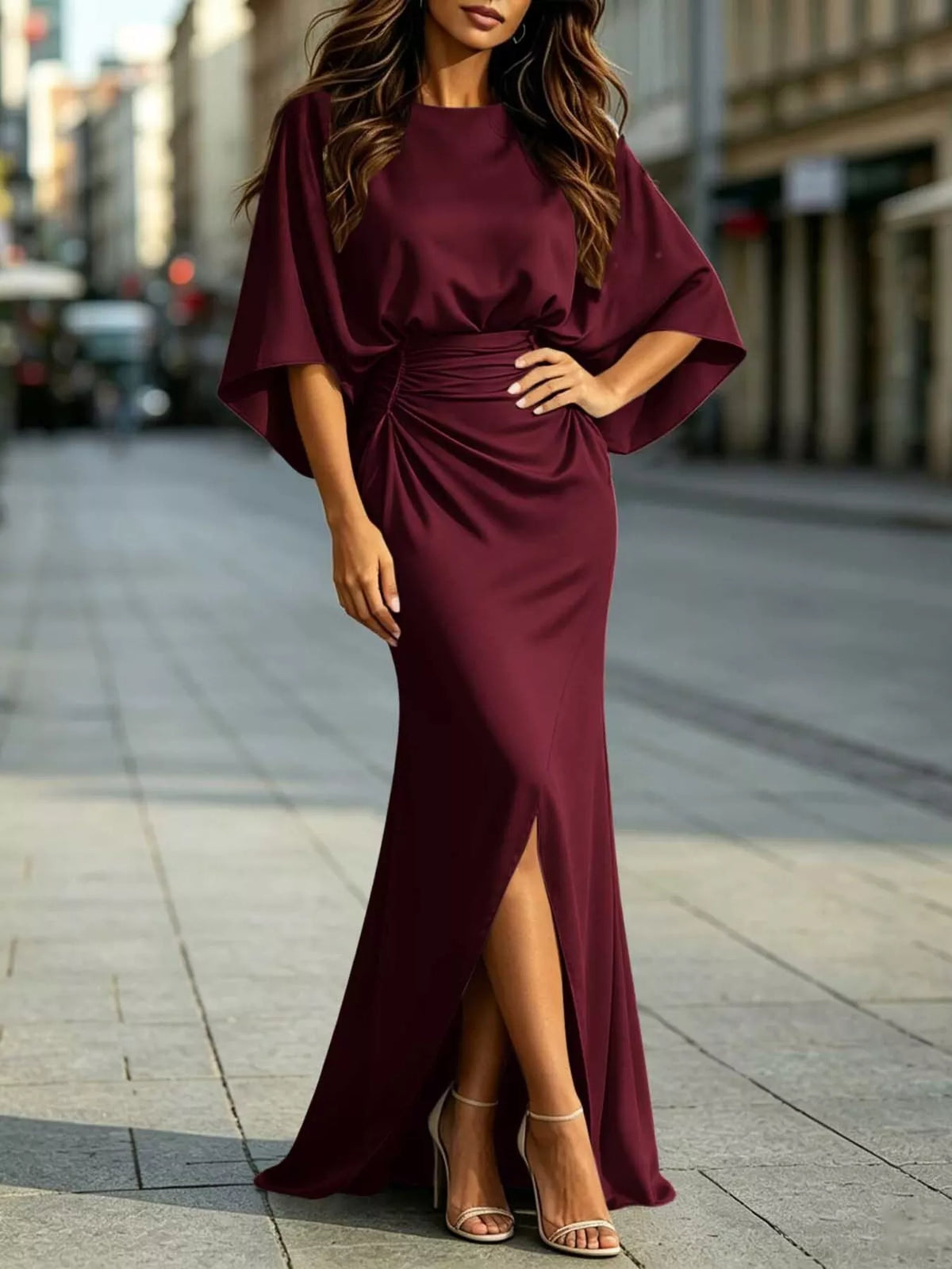 Ruched Waist Maxi Dress with Pockets in Multicolor