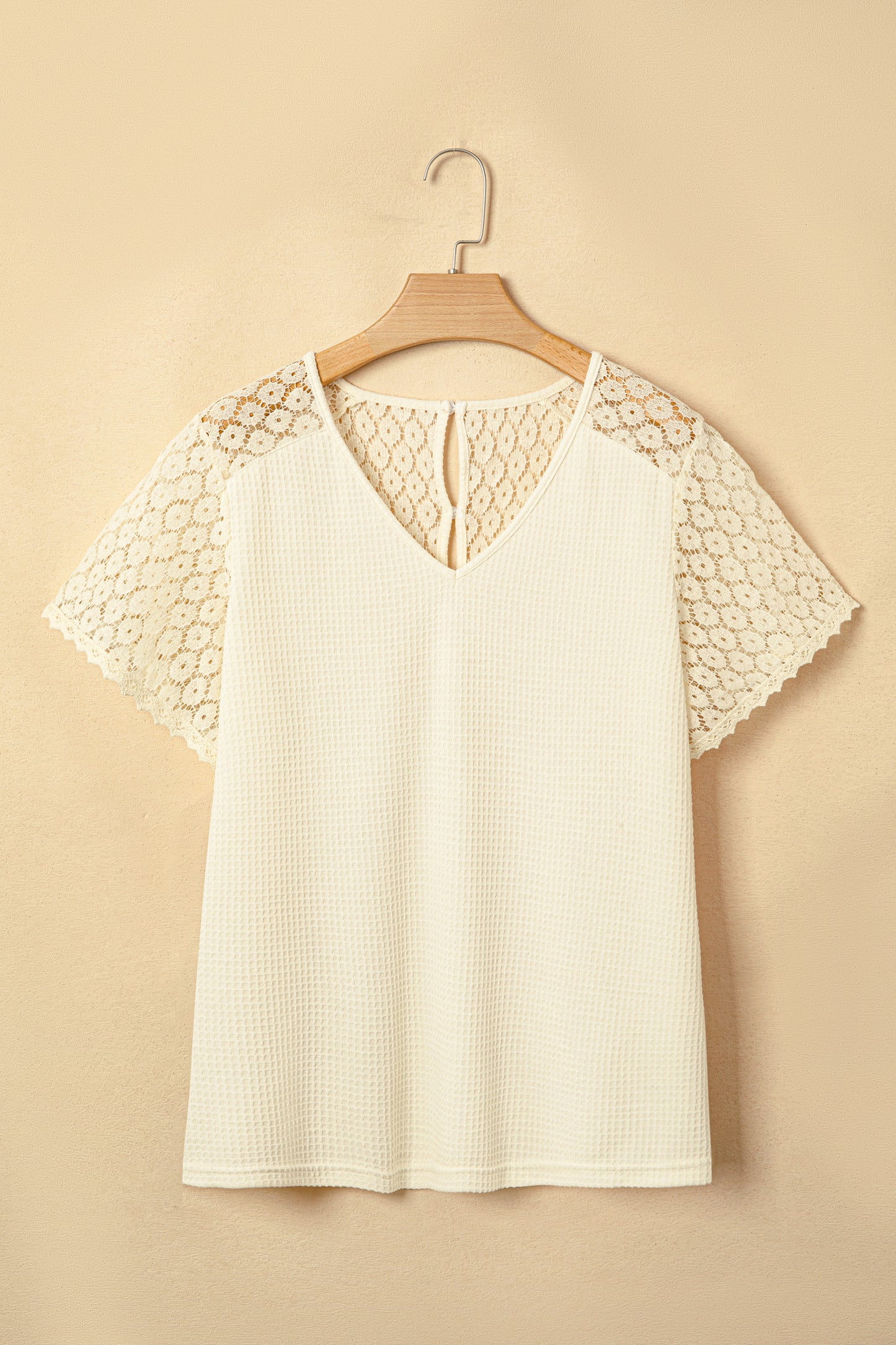 Pink Lace Splicing Button Cutout V Neck Waffle Knit Blouse  Shop One Place