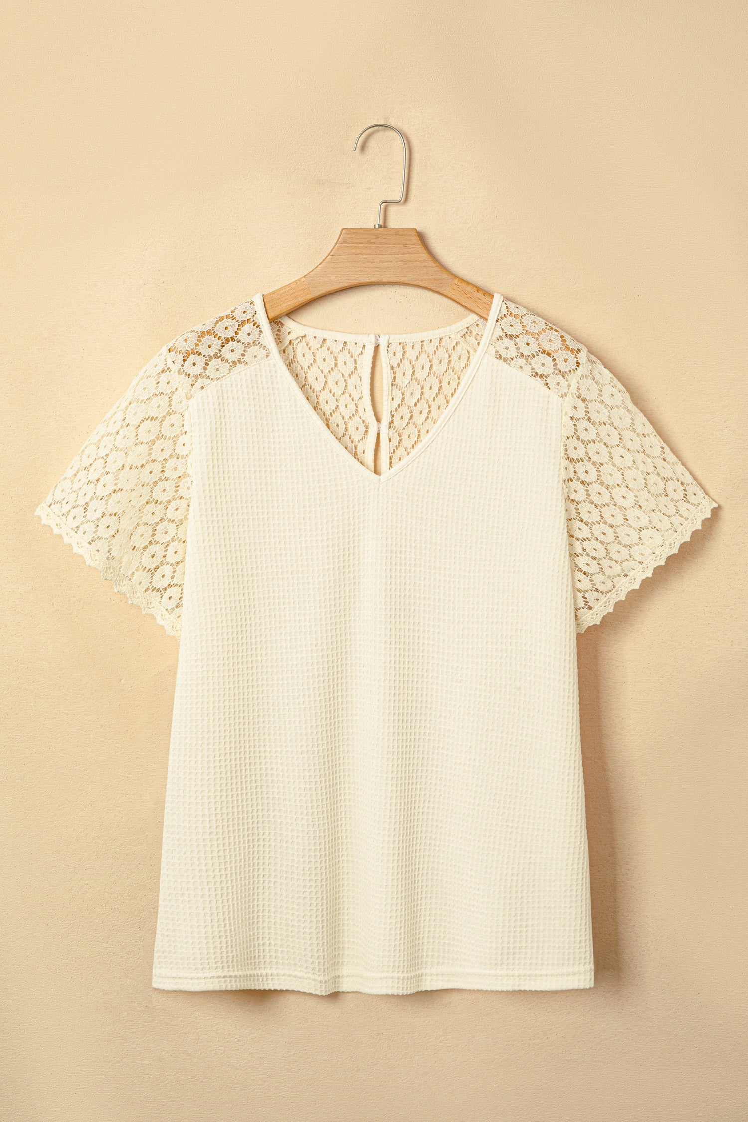 Pink Lace Splicing Button Cutout V Neck Waffle Knit Blouse  Shop One Place