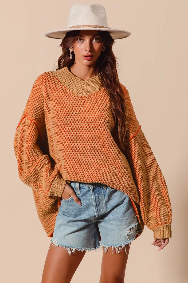 SO ME Oversized Two Tone Textured V Neck Sweater  Shop One Place