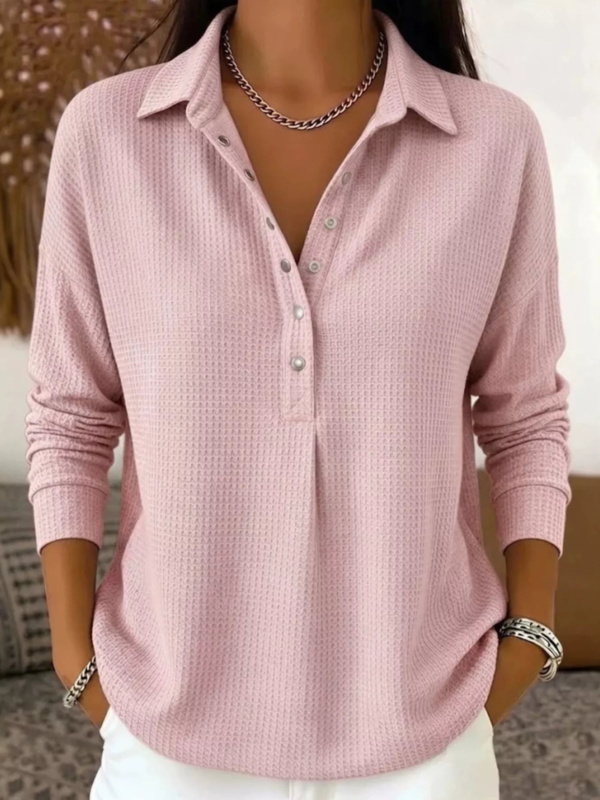 Women's Waffle Knit Snap-Front Blouse