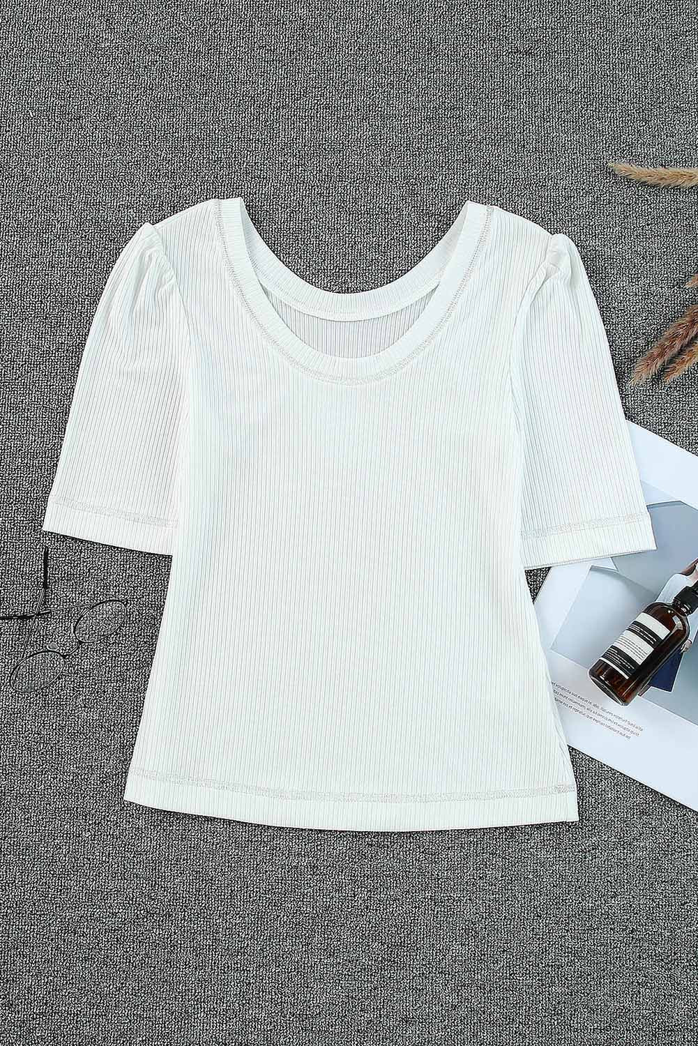 White Ribbed Knit Scoop Neck Half Sleeve Basic T Shirt