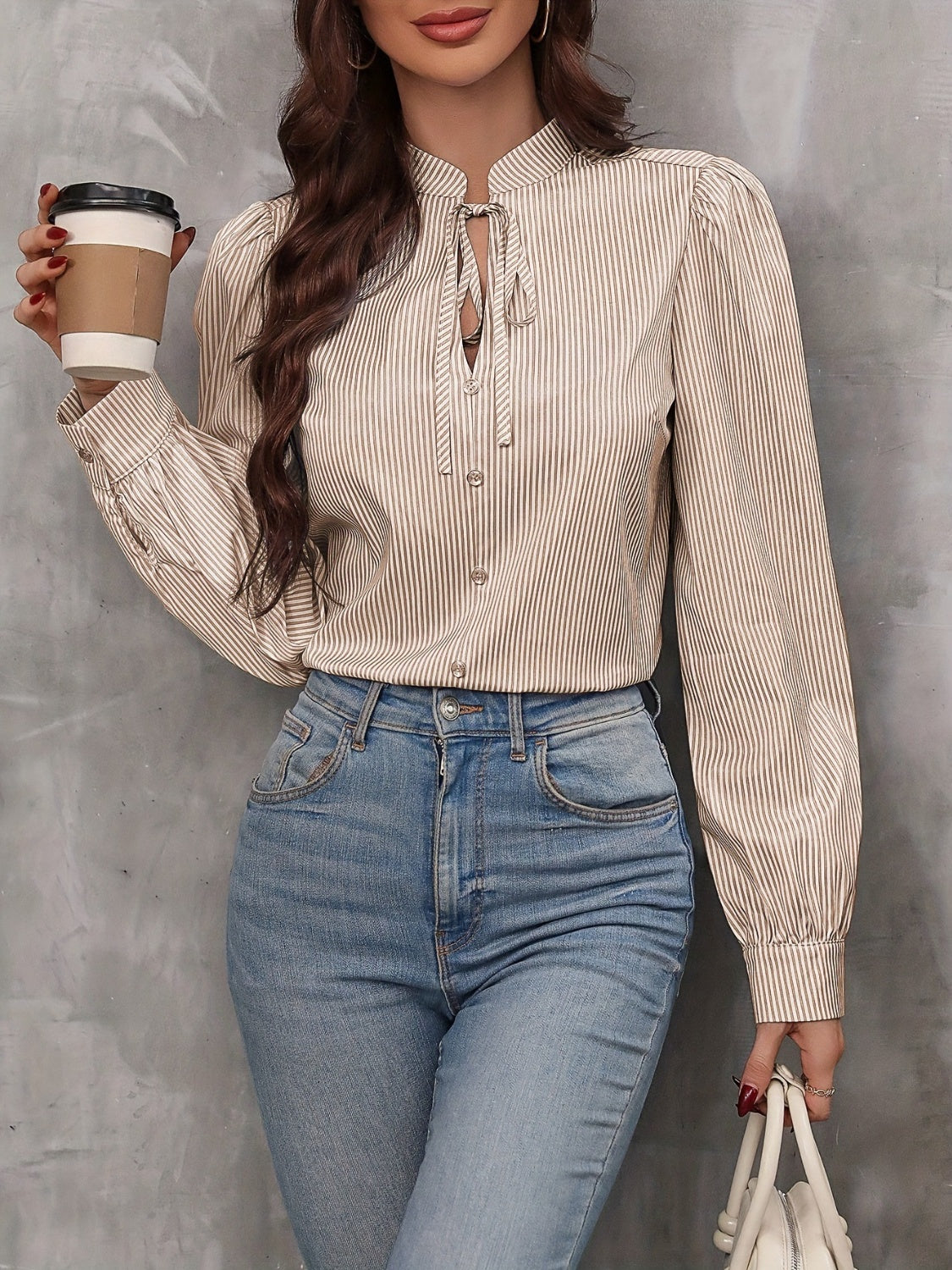 Tied Striped Long Sleeve Blouse  Shop One Place